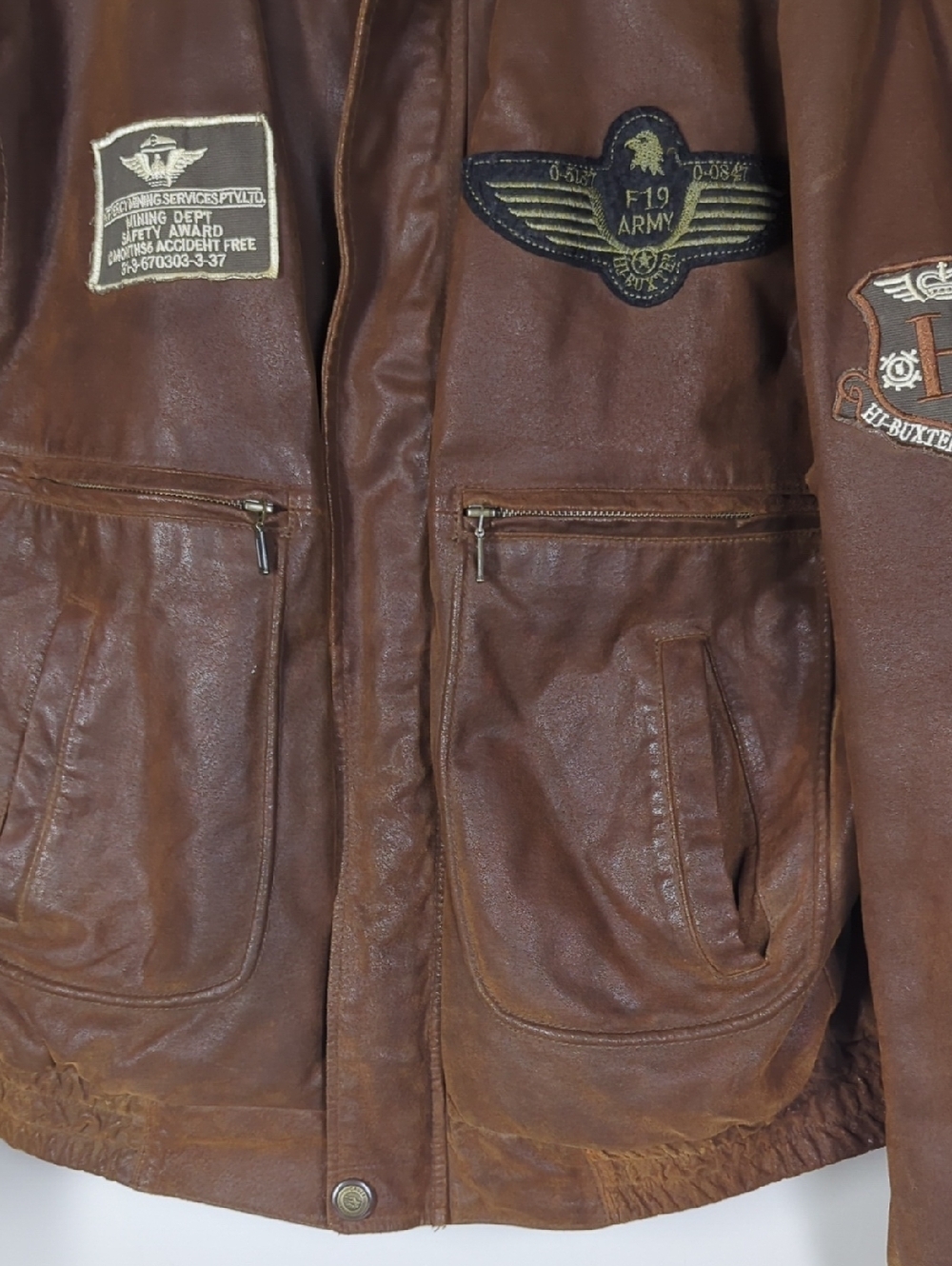 Vintage Brown Leather Bomber Jacket Aviator Pilot Style Distressed Patch Detail - Picture 6 of 10